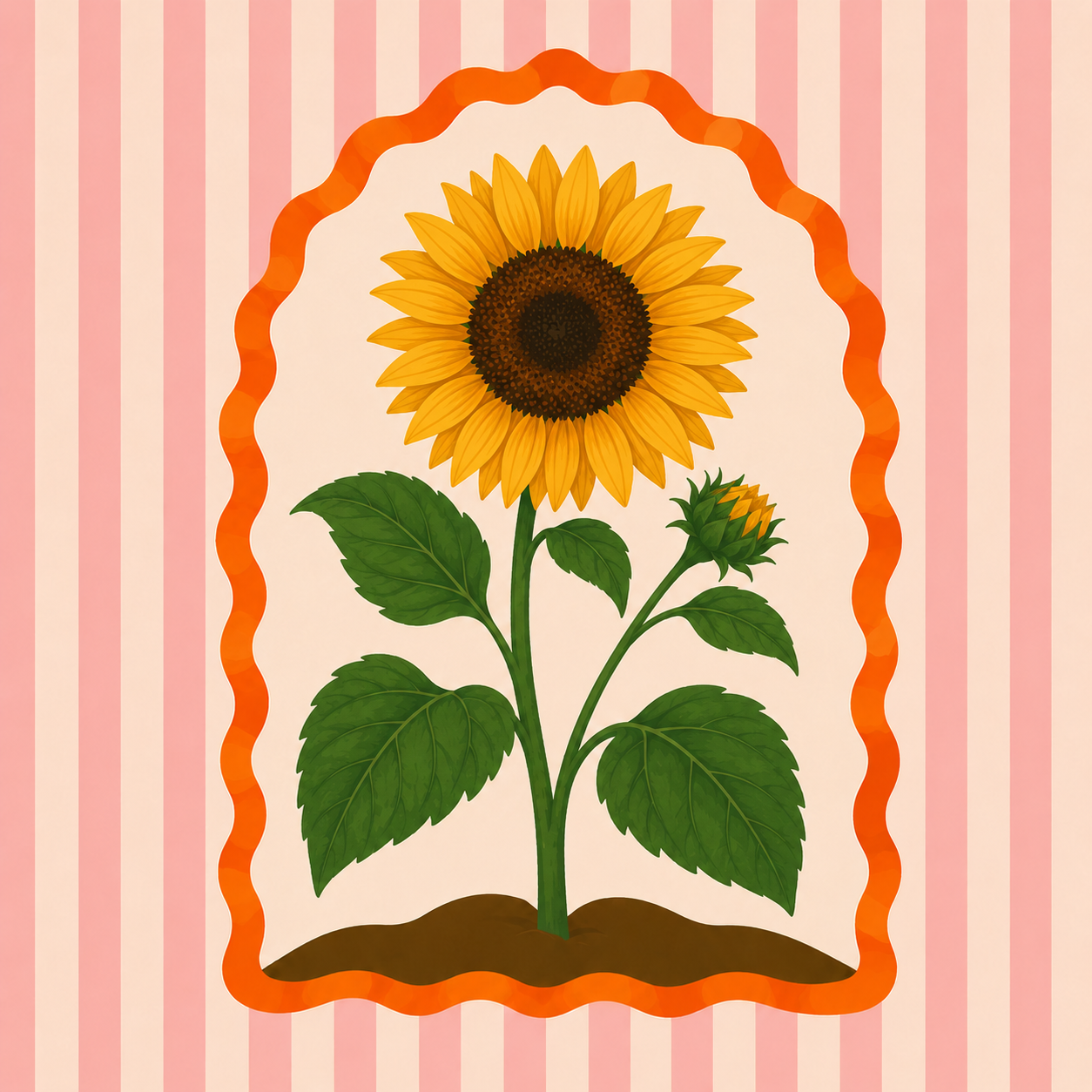 Illustration of a sunflower with green leaves, a smaller bud, and a large blooming flower against a pink striped background, framed by an orange wavy border.