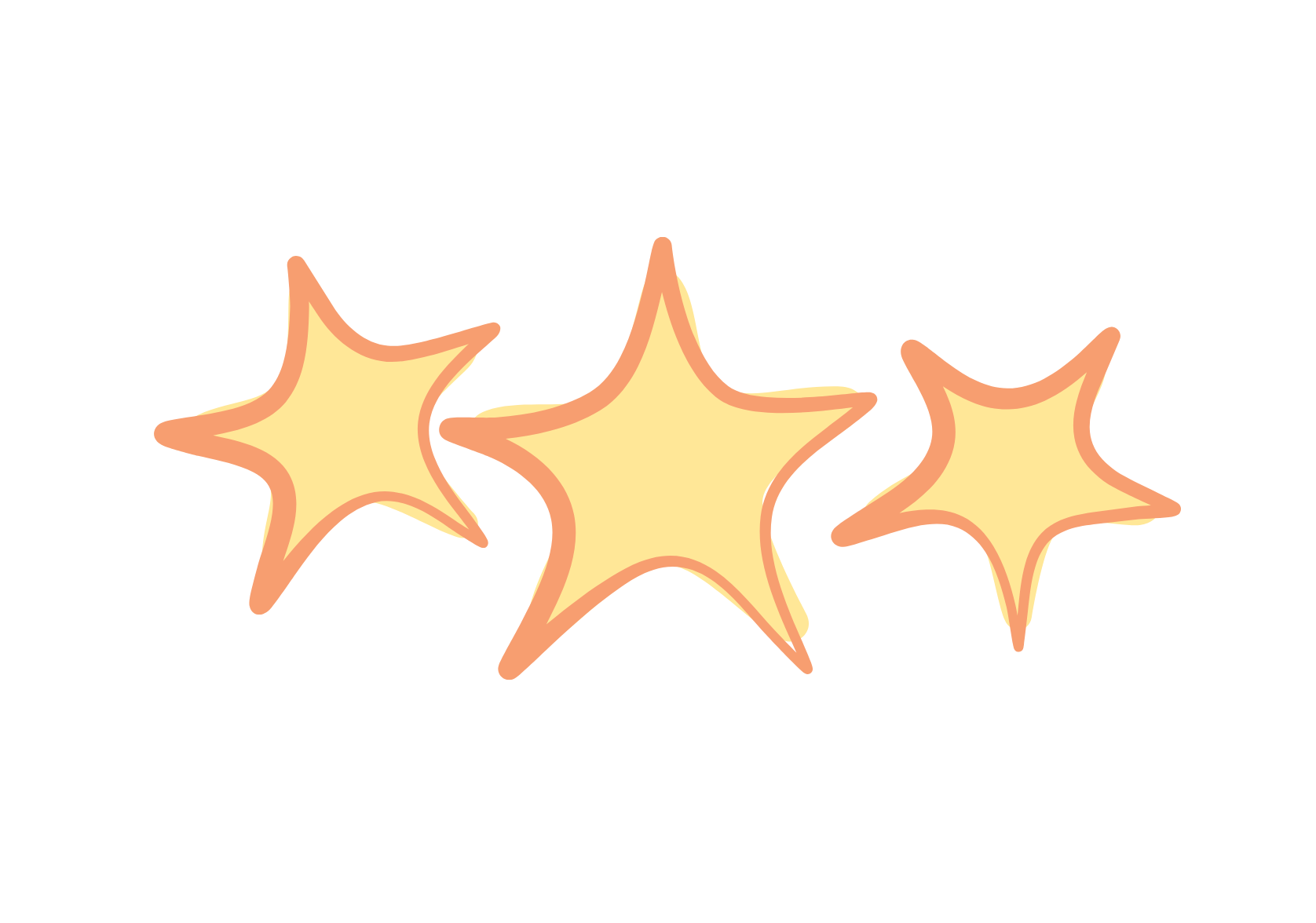 Three yellow-orange star-shaped sparkles with dark orange outlines. Consistent in shape and size, floating against a transparent background.