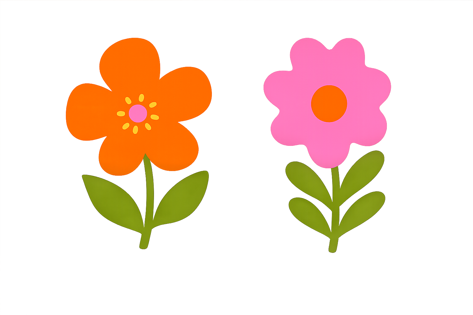 Two illustrated flower lamps, one orange with five petals and a pink center, and one pink with five petals and an orange center, each with green leaves and stems, on a black background.