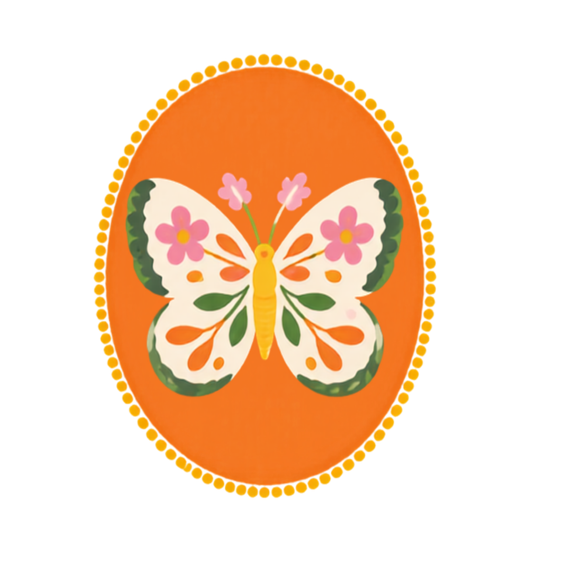 Decorative orange and white butterfly on a black background with yellow border and green text placeholder.
