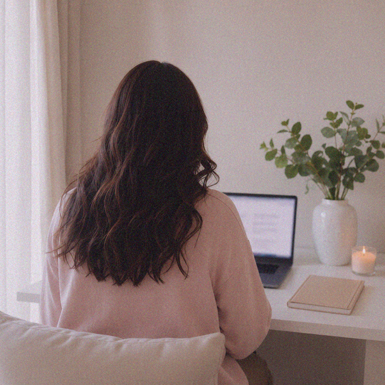 A woman with long wavy dark hair sitting at a desk in front of a laptop, with a large green plant in a white vase, a candle, and a closed notebook on the desk.