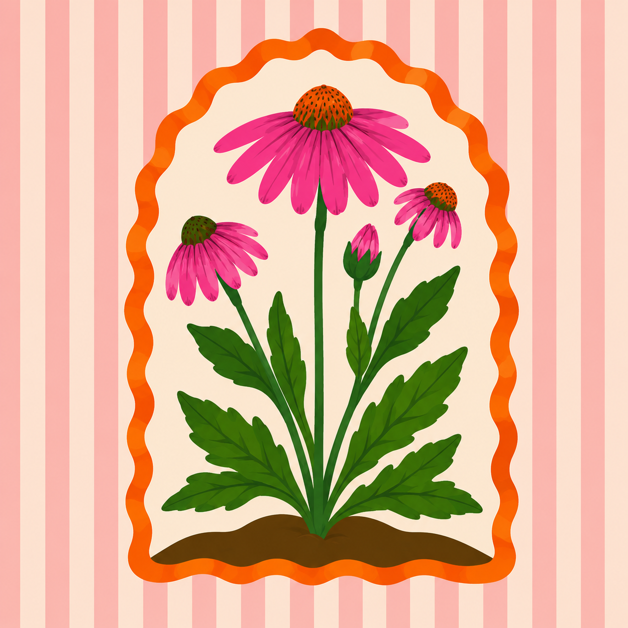 Digital illustration of pink coneflowers with green leaves and brown soil, framed by an orange wavy border on a pink and cream striped background.