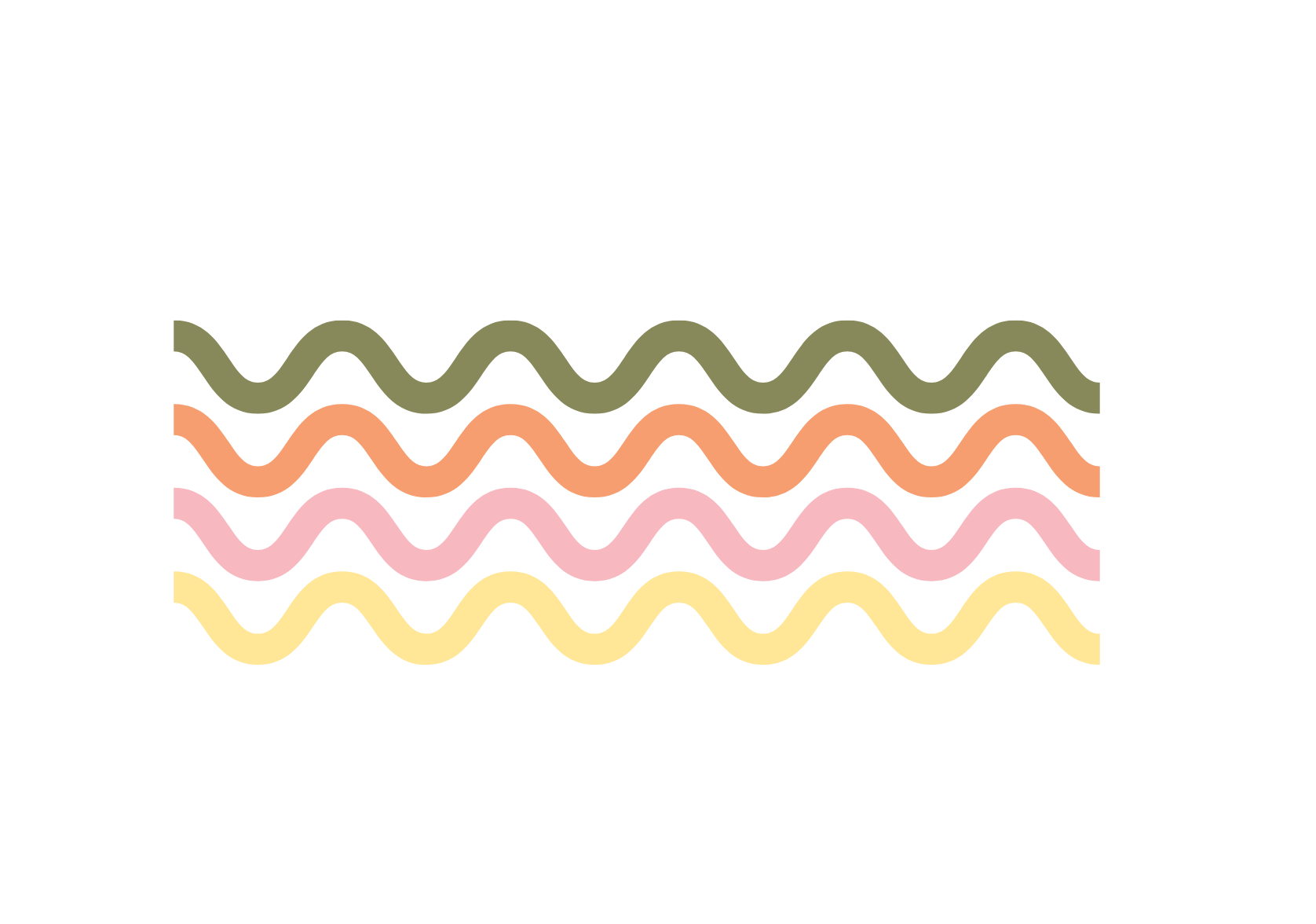 Set of six horizontal, wavy lines in green, orange, pink, and yellow on a black background