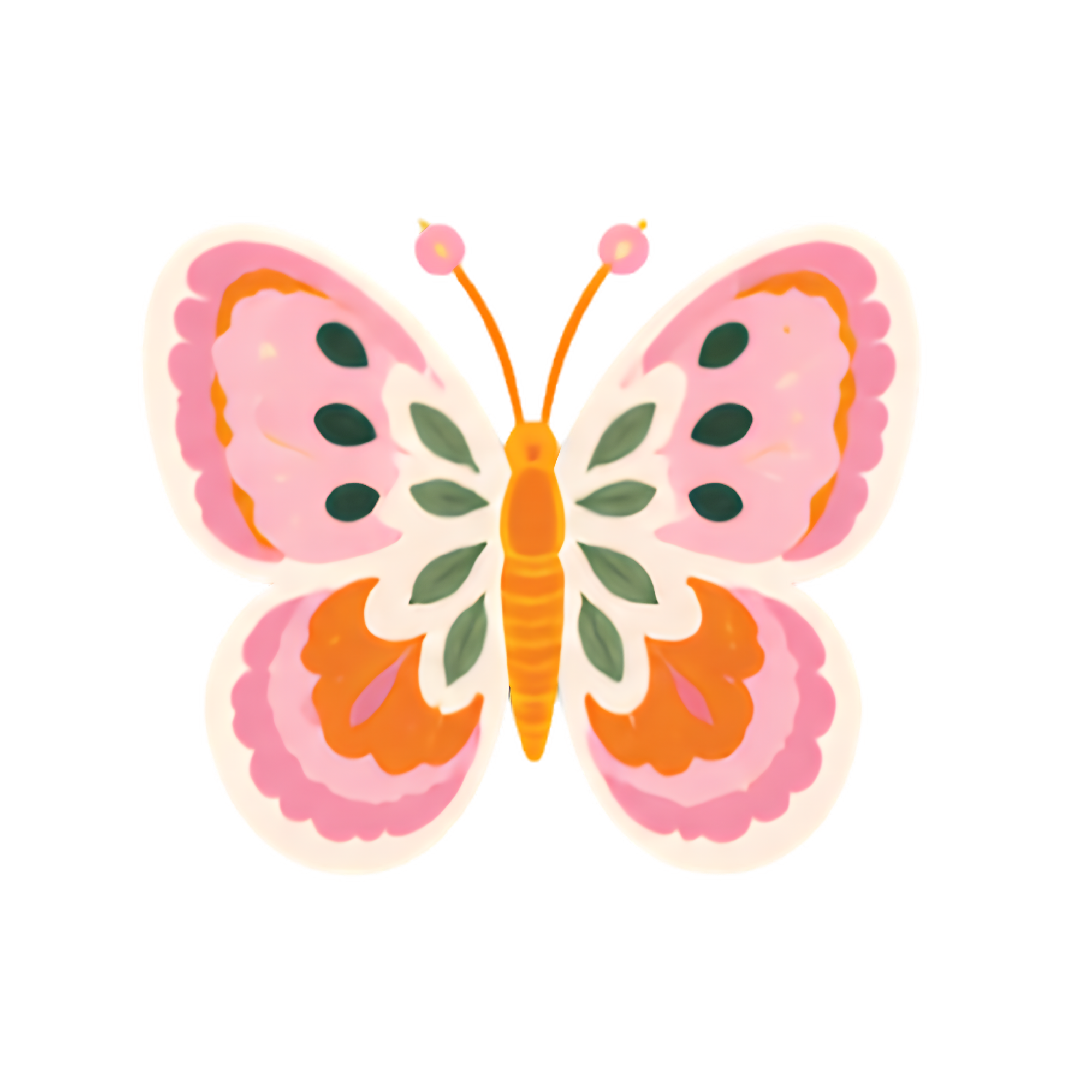 Pink and orange butterfly with green spots on wings and a yellow body, with its wings spread open.
