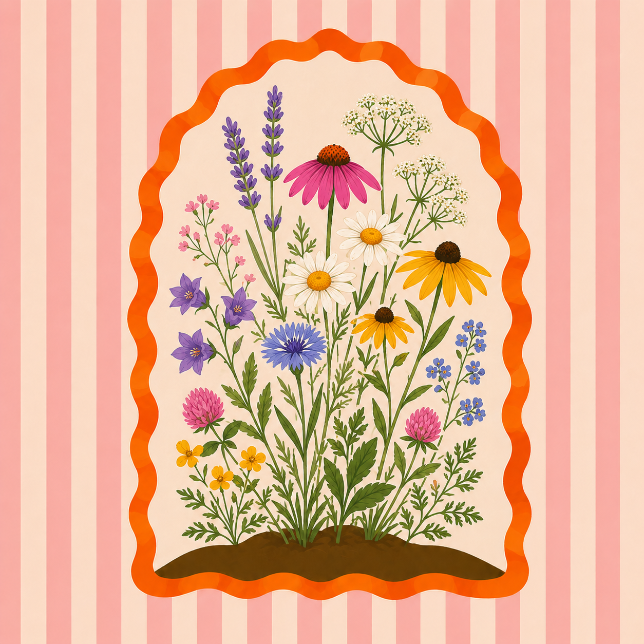 Illustration of various colorful wildflowers against a striped pink background with an orange scalloped border.