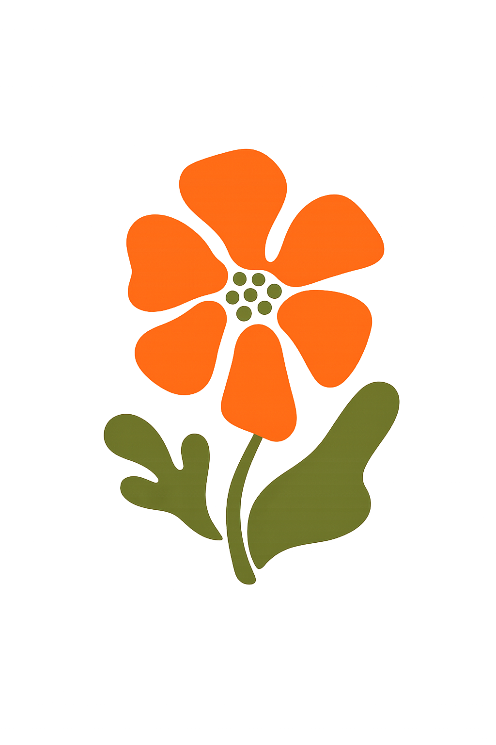 Illustration of an orange flower with green leaves and a green center on a black background.