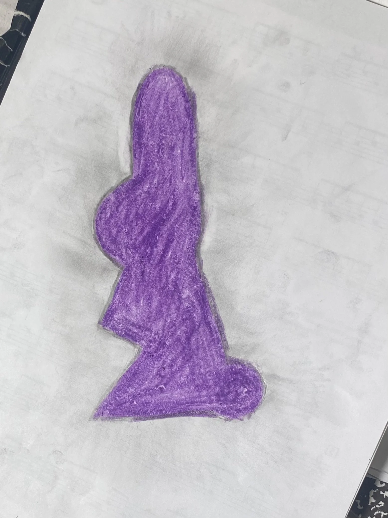 A purple, hand-drawn silhouette of a woman on white paper.