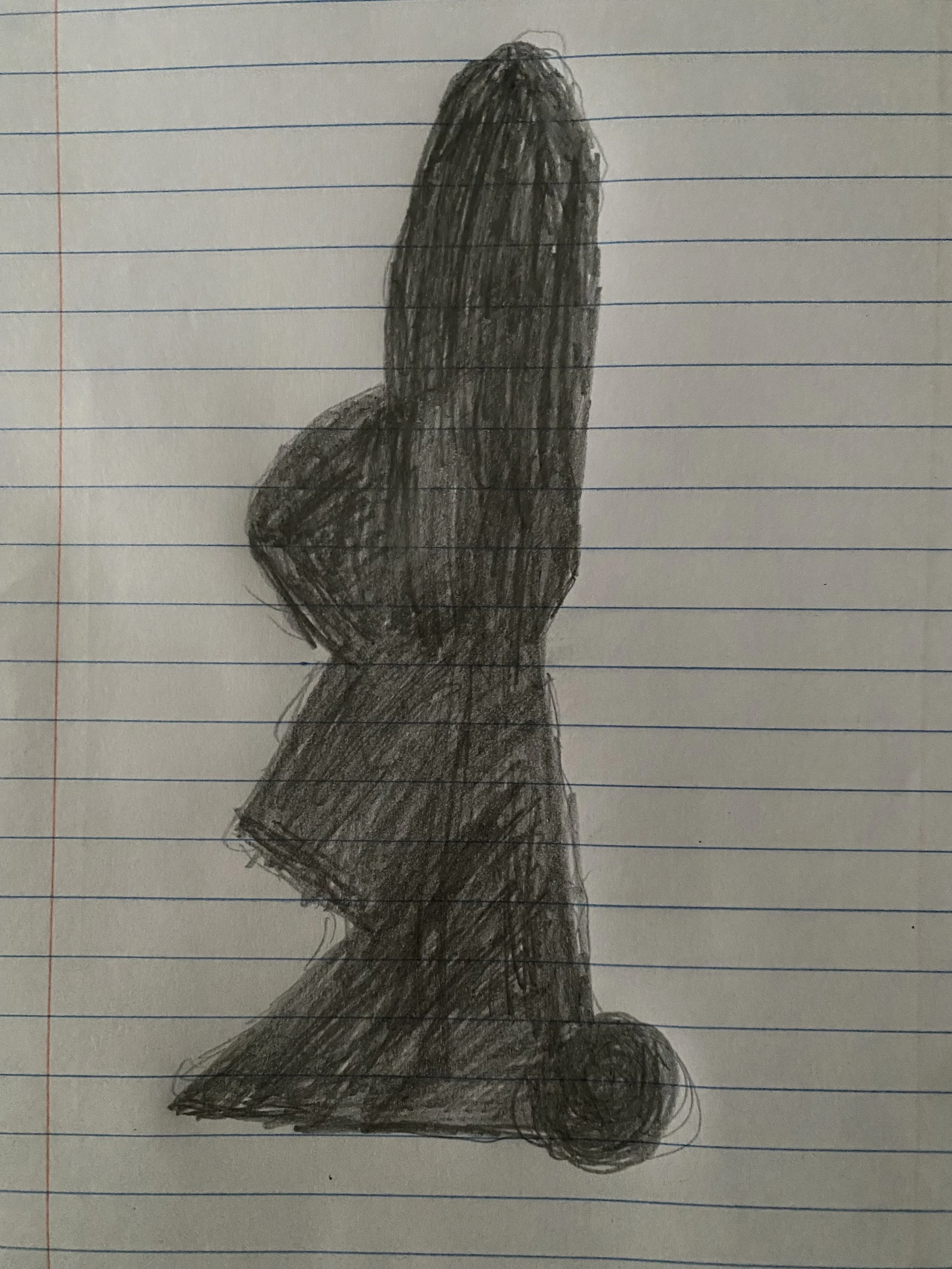 A pencil drawing of a dog sitting, done on lined notebook paper.