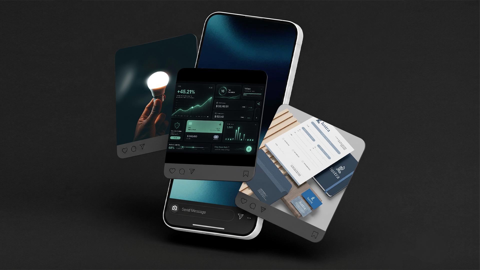 Pantalla de teléfono inteligente mostrando gráficos financieros y datos de inversión, junto a otras tarjetas y documentos en un fondo oscuro.