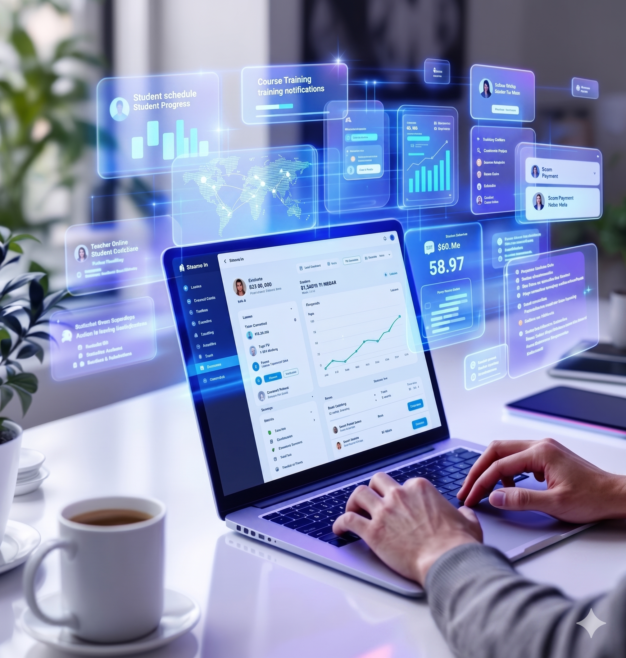 Persona usando un laptop en una mesa, con varias ventanas digitales flotantes de gráficos, estadísticas y notificaciones relacionadas con educación y finanzas, en un entorno de oficina.