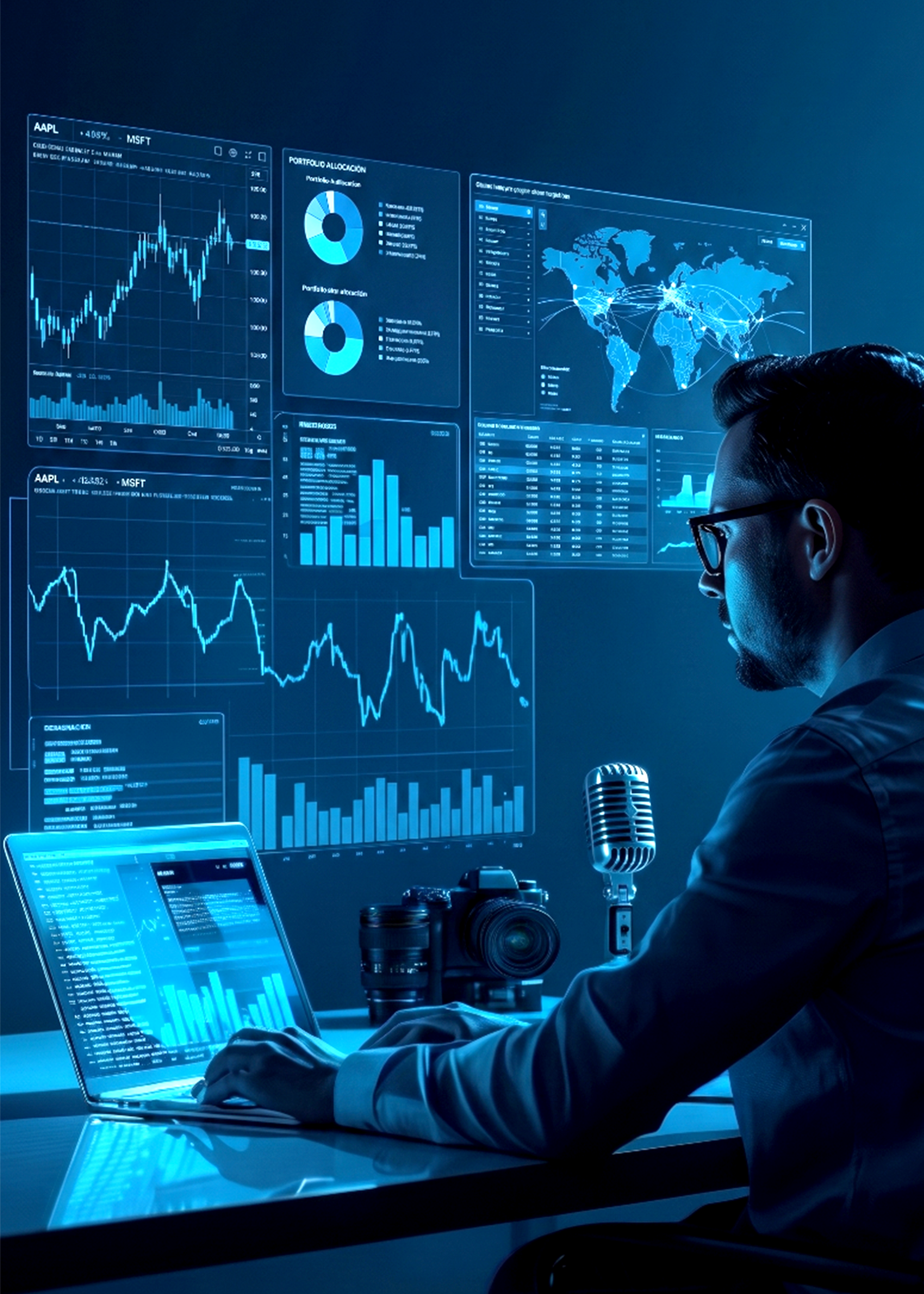 Persona con gafas trabaja en una estación de análisis de datos financieros en una pantalla con gráficos y mapas digitales, rodeada de cámaras, micrófono y tablet en un entorno tecnológico con luces azules.
