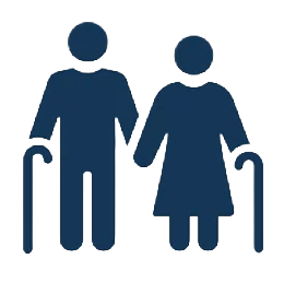Silhouette of an elderly man and woman holding walking canes, standing side by side.