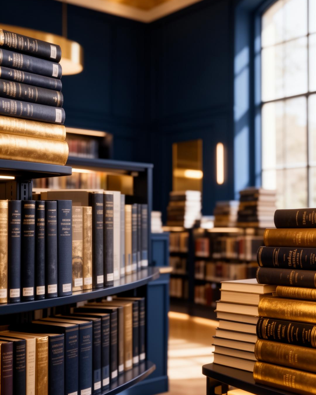 Bookshelves filled with hardcover books in a library, with sunlight streaming through large windows.