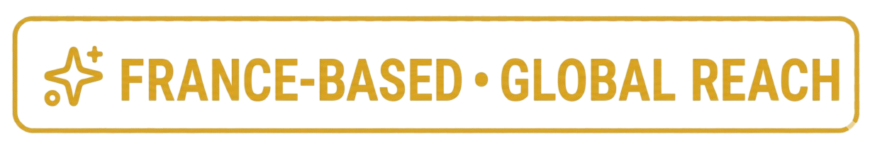 Close-up of a horizontal sign with the text 'FRANCE BASED. GLOBAL REACH' in gold letters on a purple and yellow background.
