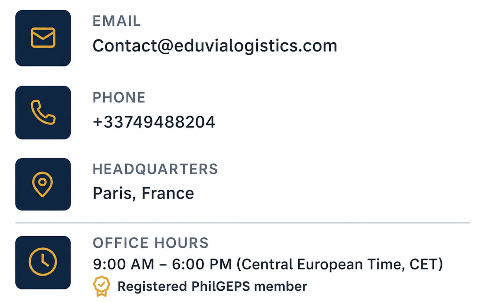 Contact information card with icons and details. It includes an email address contact@eduvialogistics.com, a phone number +33749488204, a headquarters location Paris, France, office hours from 9:00 AM to 6:00 PM CET, and a note indicating registration as a PhiGEPS member.