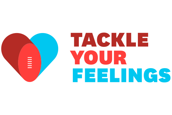 A graphic with a stylized heart composed of layered shapes in brown, red, and blue, accompanied by the text 'Tackle Your Feelings' in bold red and blue letters.
