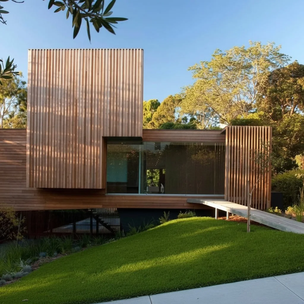 Modern house with a wooden exterior and large glass windows, surrounded by greenery and trees, under a clear blue sky.