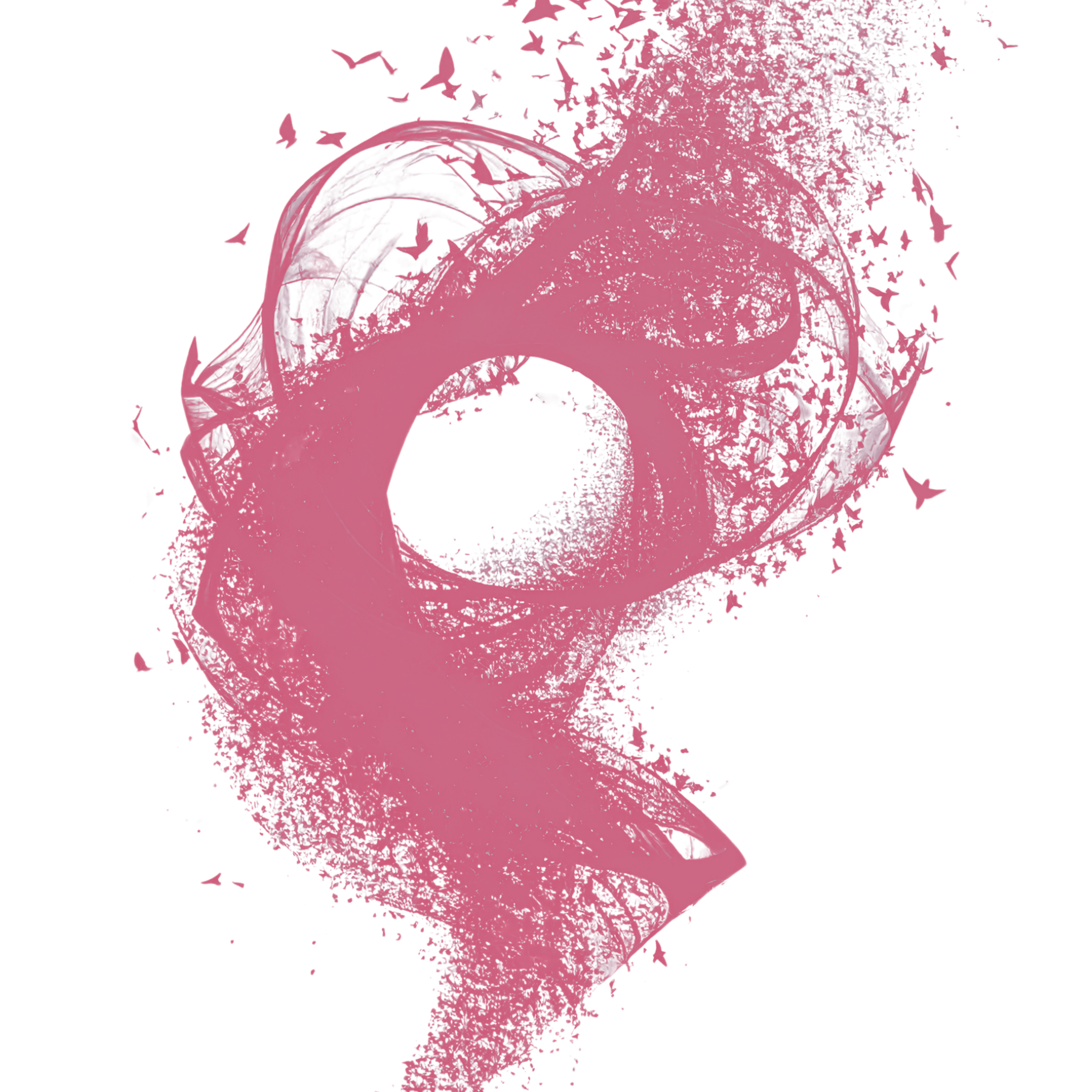 Pink abstract digital artwork with scattered butterfly shapes and textured patterns against a black background.