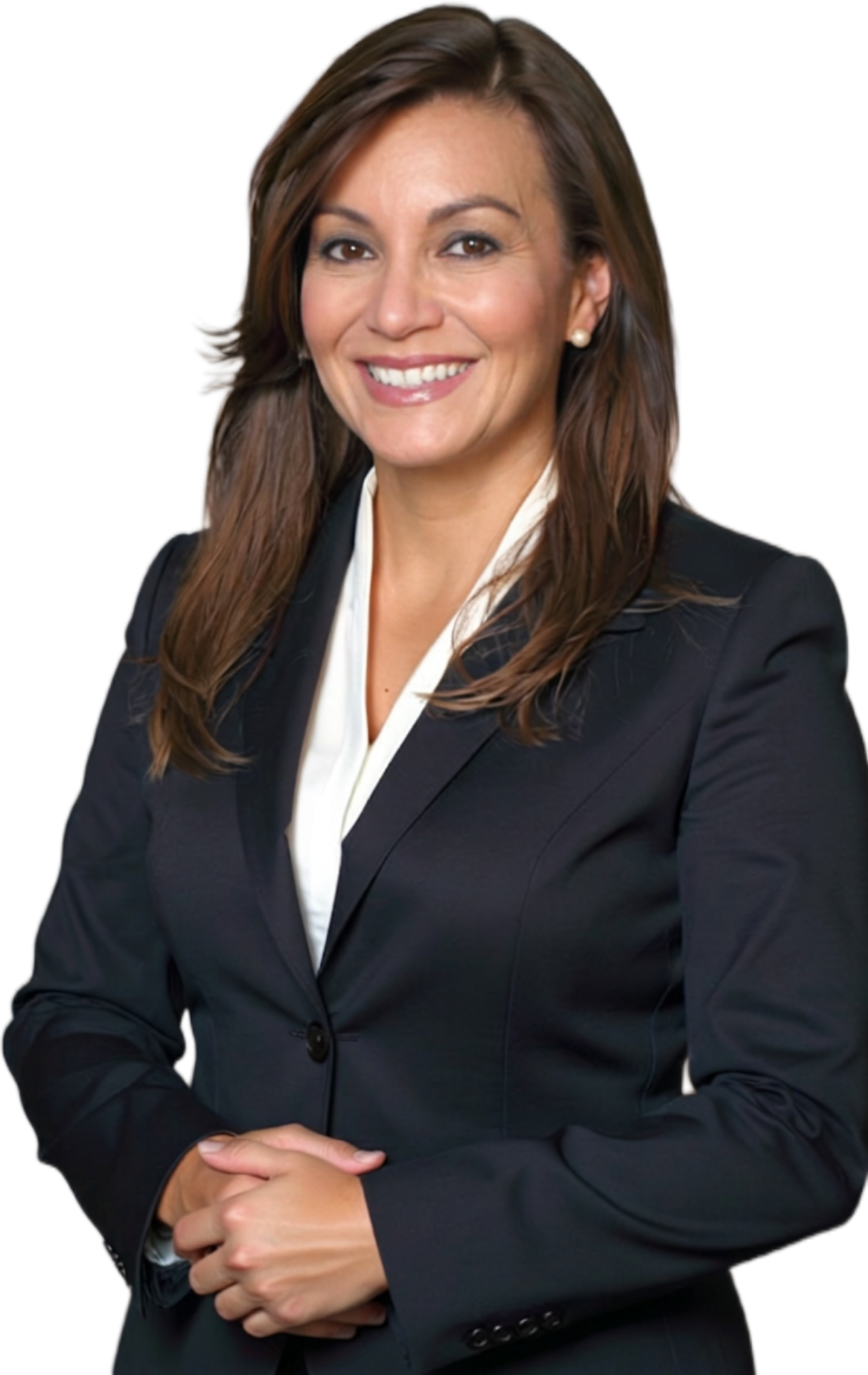 A professional woman with shoulder-length brown hair, wearing a dark blazer and a white blouse, smiling with her hands clasped.
