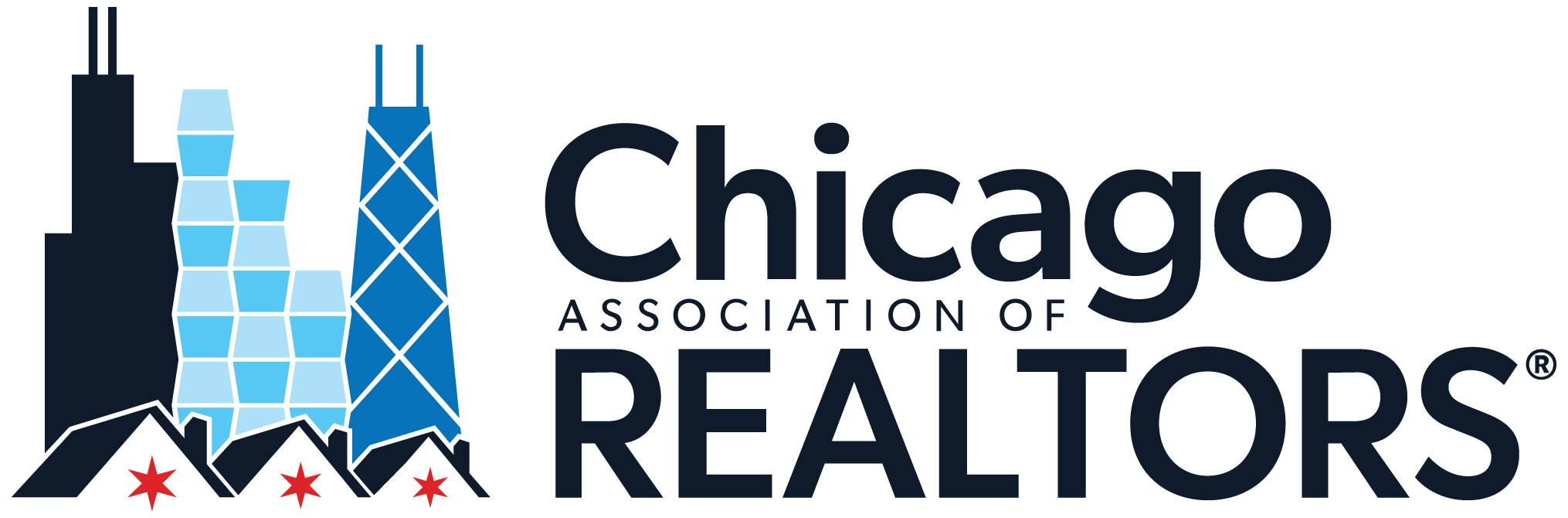 Logo of the Chicago Association of Realtors (CAR) featuring city skyline with three red stars.