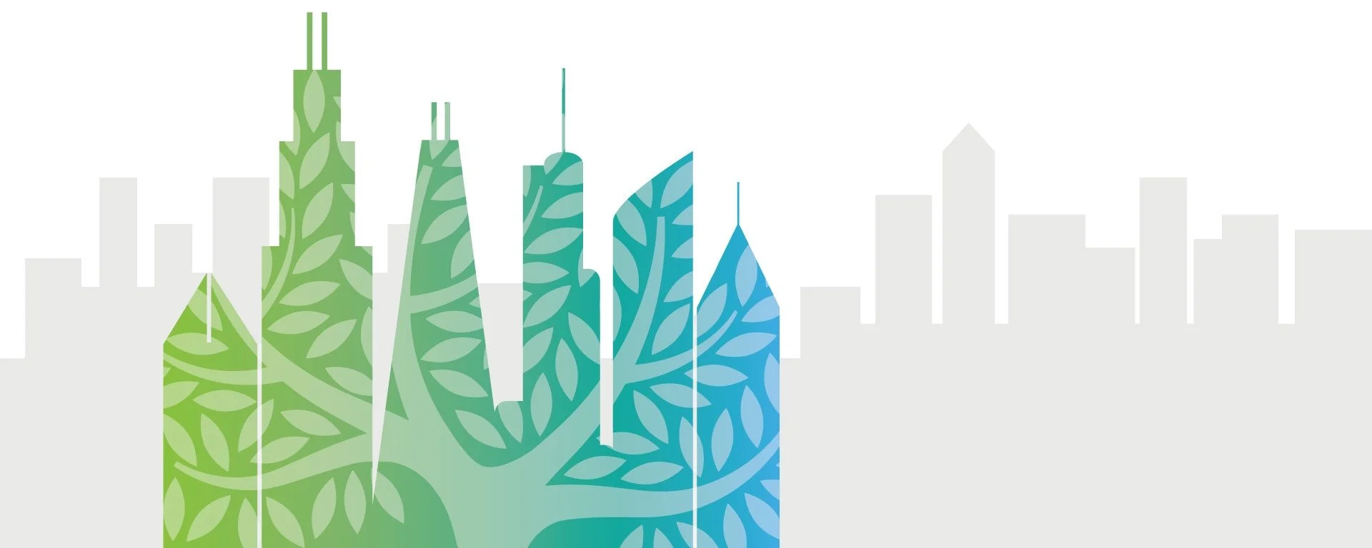 Stylized city skyline with colorful leaf-patterned buildings set against a light gray background.