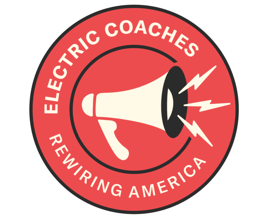 A circular red and white logo with a megaphone graphic emitting sound waves. The text around the circle reads 'Electric Coaches Rewiring America.'