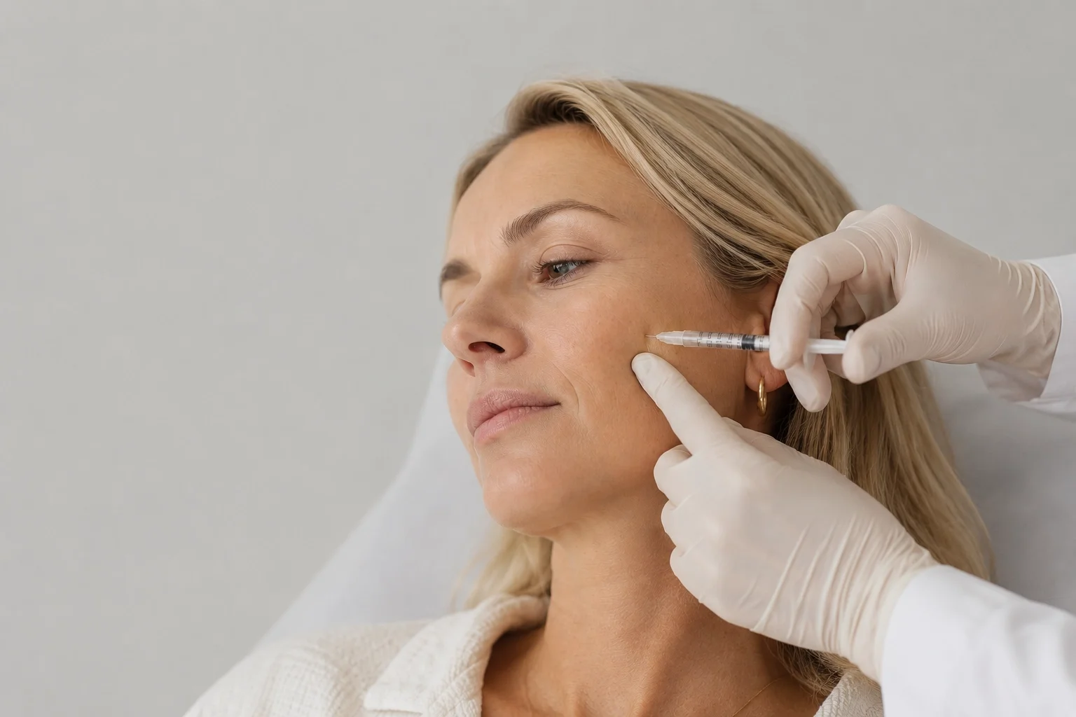 A woman receiving a cosmetic injection in her cheek from a medical professional wearing gloves.