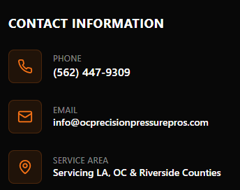 Contact information with phone, email, and service area details on a black background.