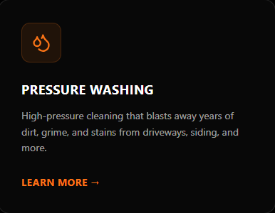 Pressure washing advertisement with an icon of a water droplet, describing high-pressure cleaning for driveways, siding, and more.
