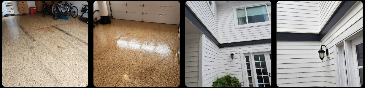 Comparison of different floor finishes and exterior house siding. The first two images show garage floors, one with stains and the other freshly cleaned or polished. The last two images display the exterior corner of a house with white siding, black trim, and outdoor wall-mounted lanterns.