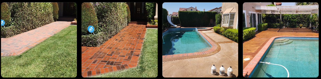 Series of four images showing different swimming pool and yard areas. The first two images show brick pathways beside hedges, the third image shows a backyard with a swimming pool and a slide, and the fourth image shows another pool area with a brick patio and outdoor furniture.