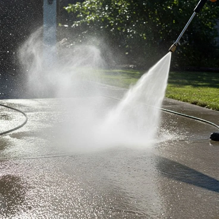 A pressure washer is cleaning a concrete driveway, spraying water and soap across the surface.