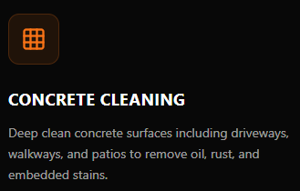 Black screen with orange icon and white text about concrete cleaning services.