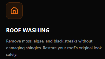 Screenshot of roof washing instructions, advising to remove moss, algae, and black streaks without damaging shingles to restore the roofing's original look safely.