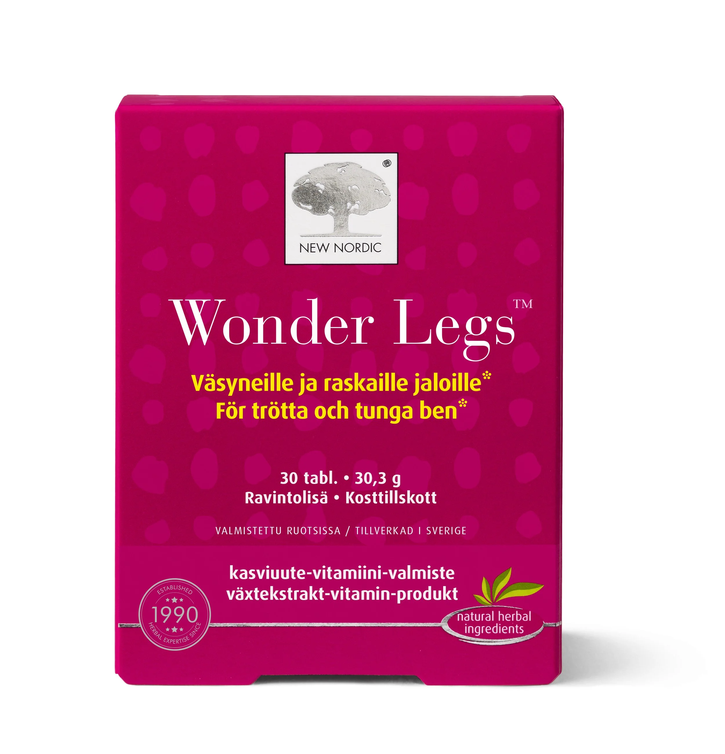 Punainan rasia jonka etiketissä lukee 'Wonder Legs', tarkoitettu väsyneille ja raskaille jaloille.