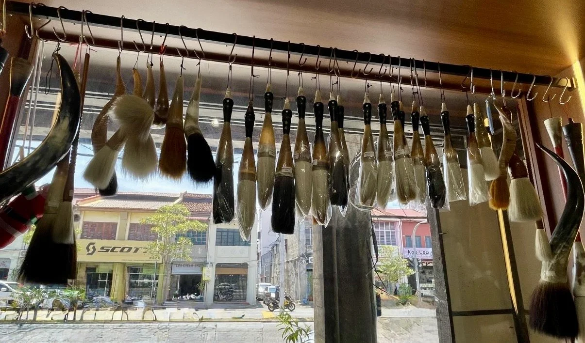 Paintbrushes hanging upside down in a store with a street view outside the window.