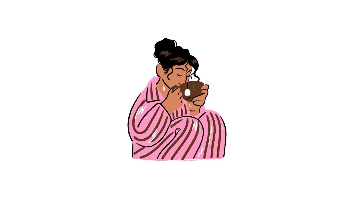 Illustration of a woman wearing pink pajamas, sitting with knees up, and drinking from a mug.