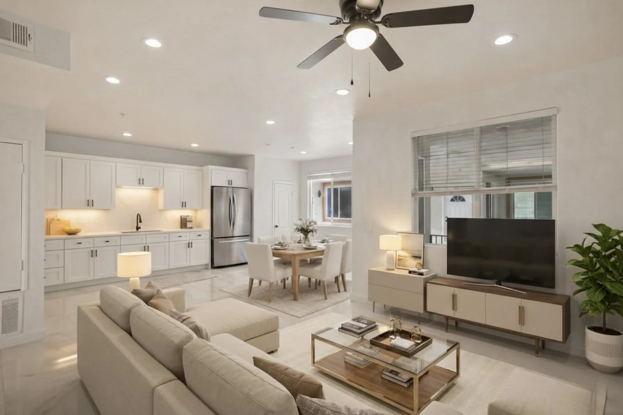 Living room with white sectional sofa, coffee table, TV on a stand, dining table with chairs, ceiling fan, and large window with blinds