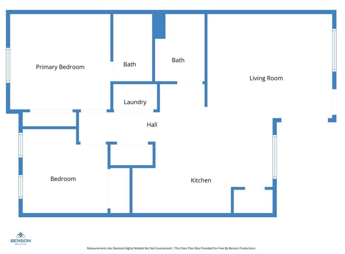 Floor plan of a house showing the layout of rooms including primary bedroom, bedroom, two bathrooms, laundry, hall, kitchen, and living room, with blue walls and labels.