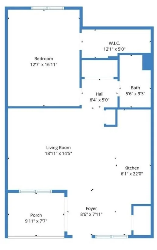 Floor plan of a house showing a bedroom, walk-in closet, bathroom, hall, living room, kitchen, foyer, porch, with respective measurements.