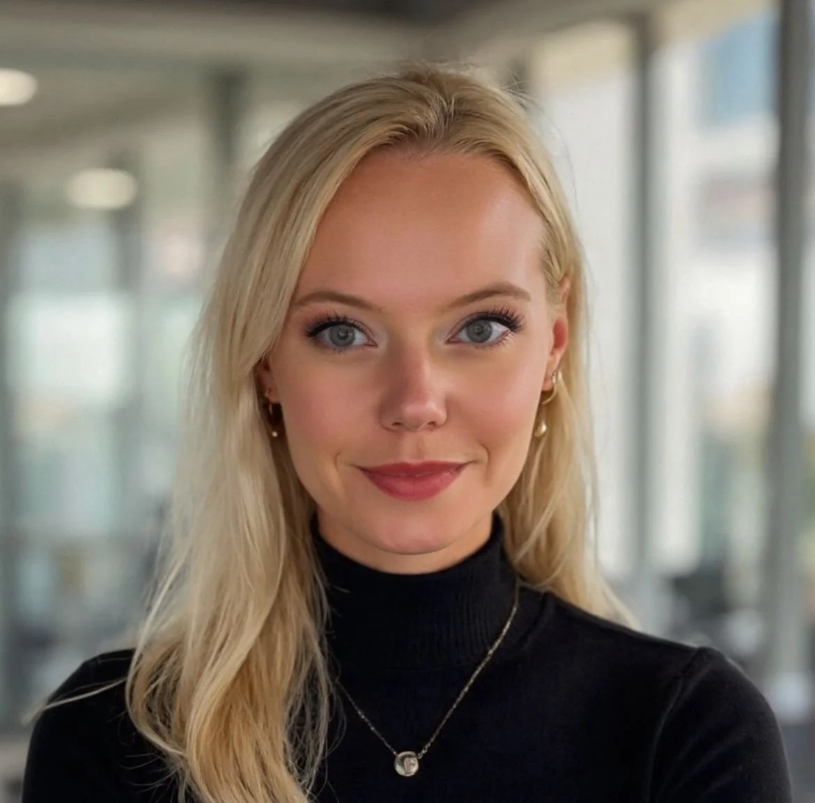 Coach Larissa, wearing a black turtleneck and a delicate necklace, indoors in a modern building with large windows.