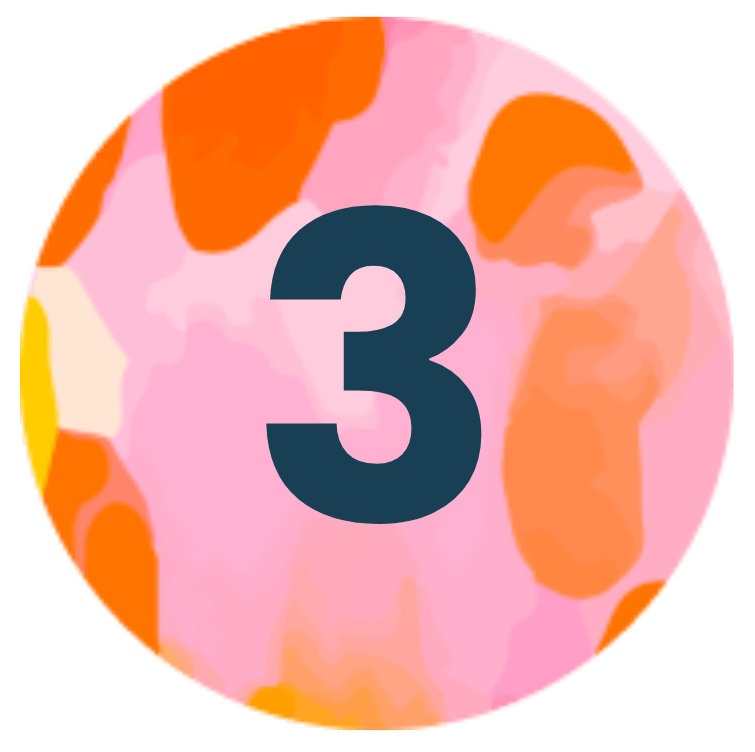 Colorful circular number three badge with pink, orange, and yellow abstract patterns.