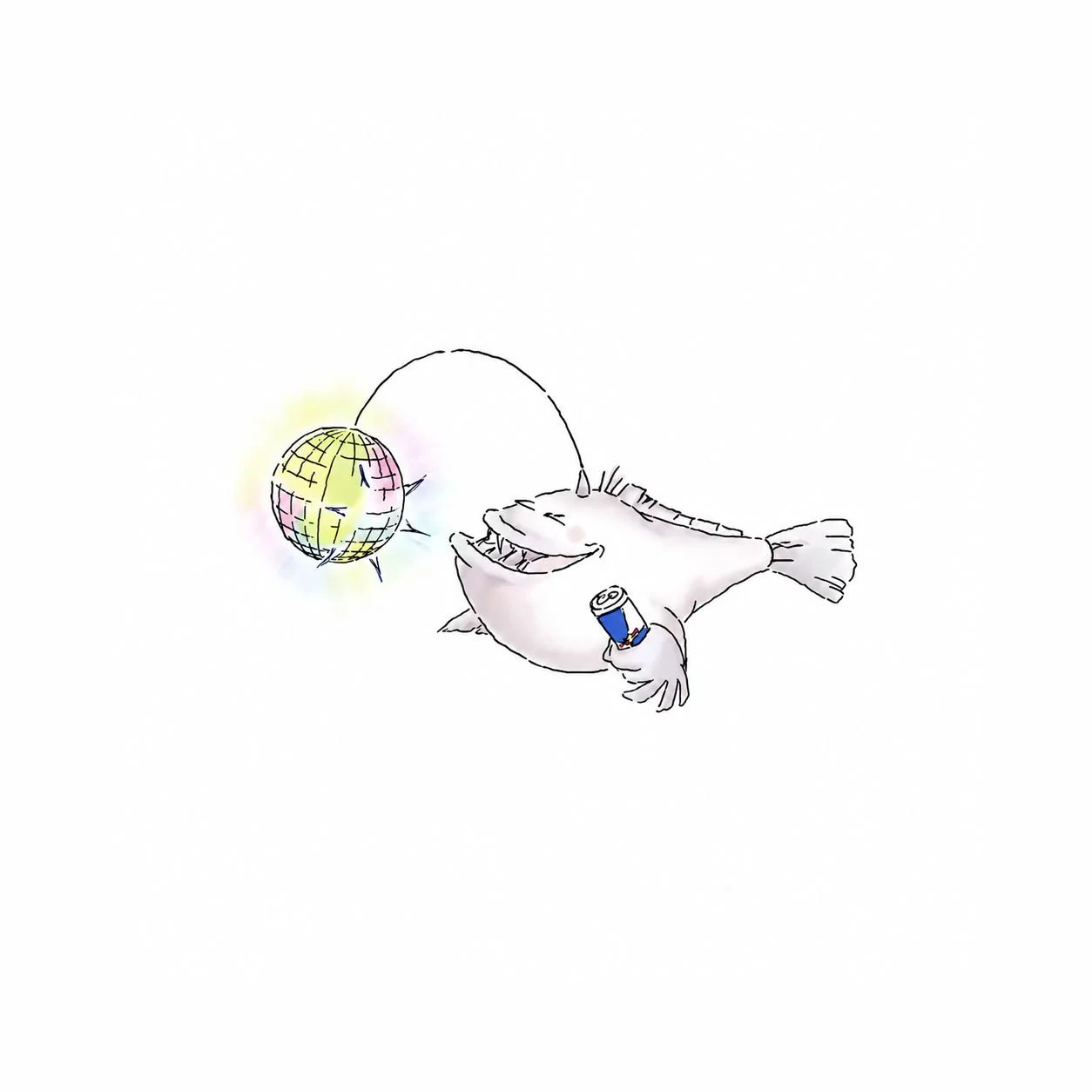 Cartoon of a happy fish holding a can of soda, with a fishing line attached to a disco ball.