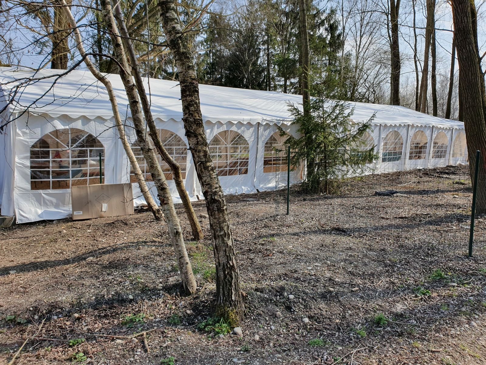 Großer weißer Festzelt mit Fensterbögen in einem Wald, umgeben von Bäumen und trockener Erde.