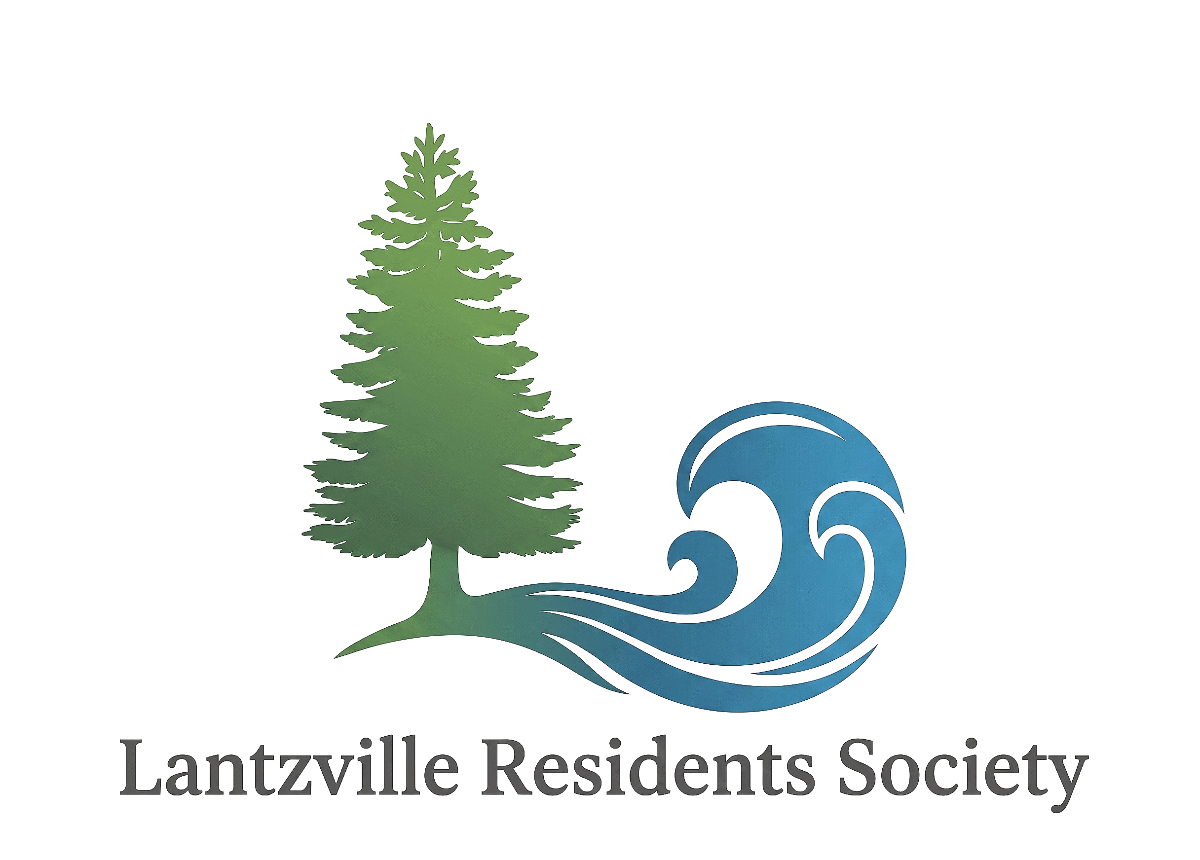 A logo for the Lantzville Residents Society featuring a green pine tree and a blue water splash design with the organization name underneath.