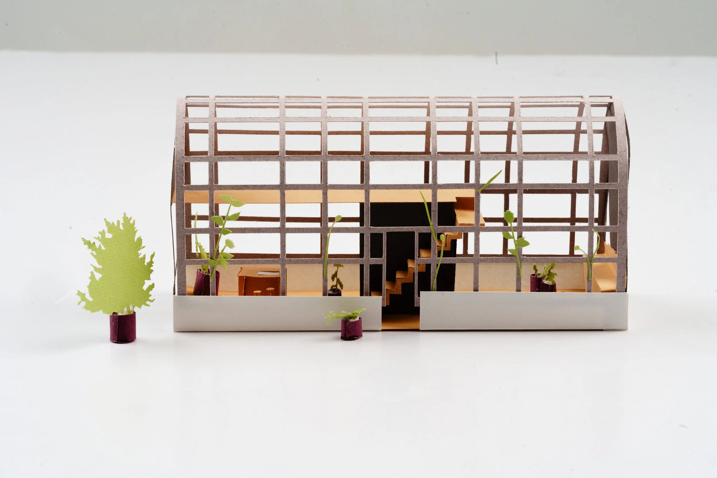 Architectural model of a modern building with a grid-like facade, interior staircase, and surrounding small trees.