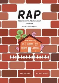 Book cover titled 'RAP: Resourceful, Adolescent Program' with illustrations of a brick wall and a house, and two cartoon pigs.