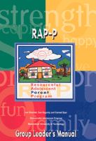 Cover of a group leader's manual titled 'RAP-P Resources for Promoting Parent/Parent-Program' with a colorful background of words like strength, fun, happiness, and growth.