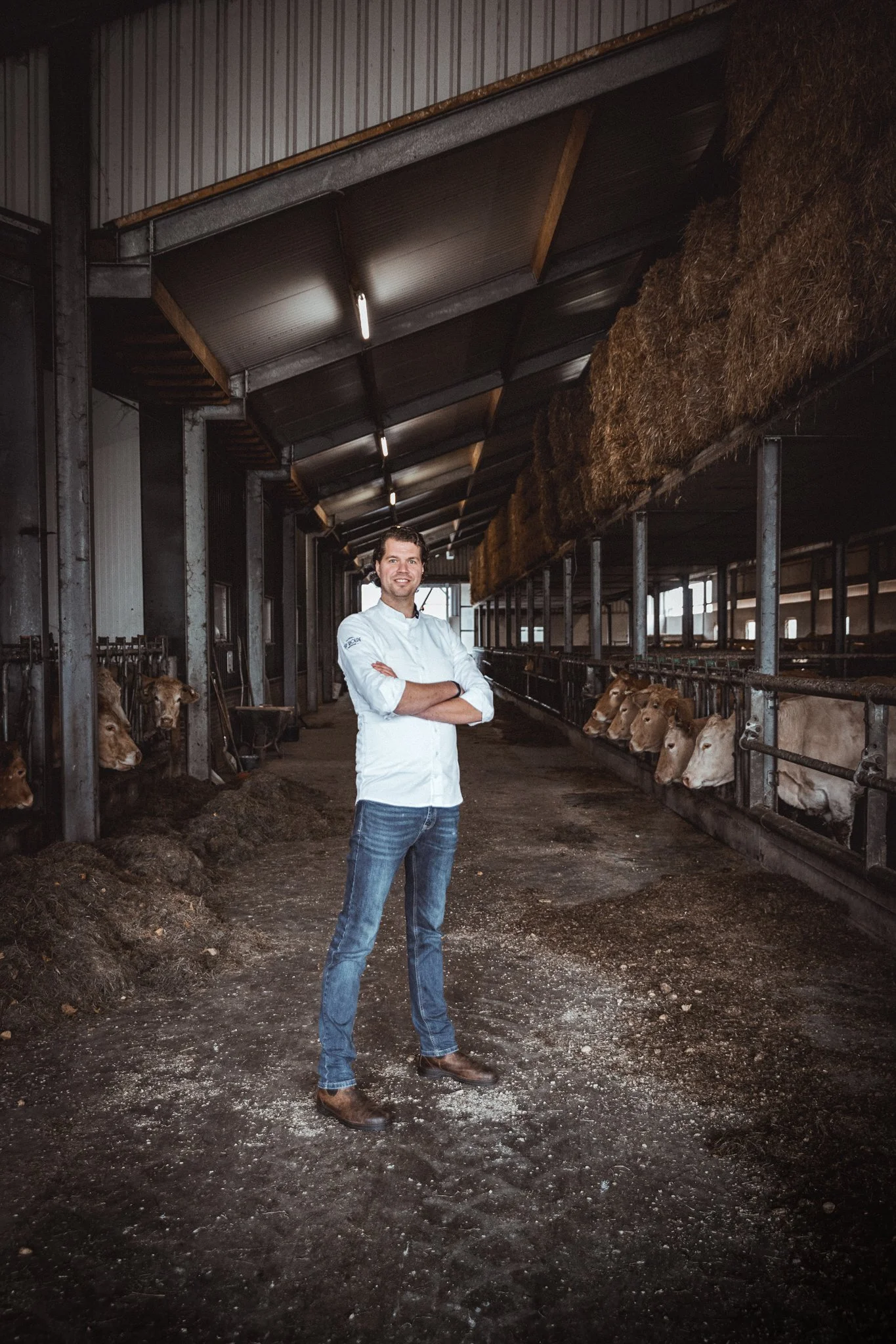 Man in witte blouse en blauwe jeans staat in stallen met koeien, boven de koeien hangen hooi, binnen in een stal.