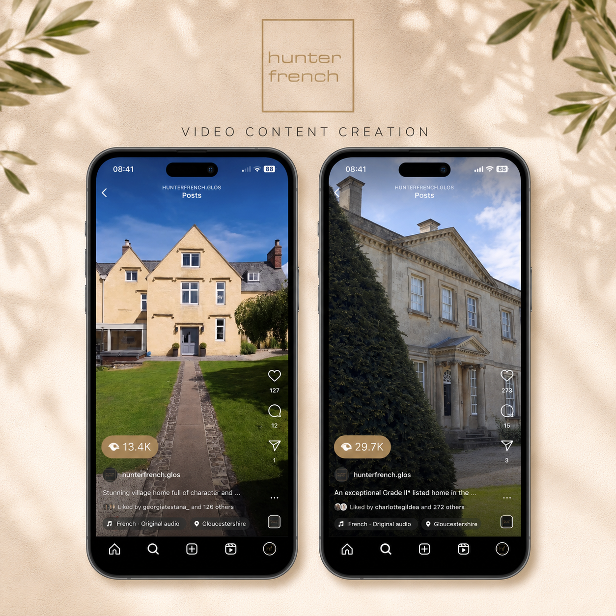Two smartphones displaying videos of historic houses, with the brand name 'hunter french' above, on a beige background with plant shadows.